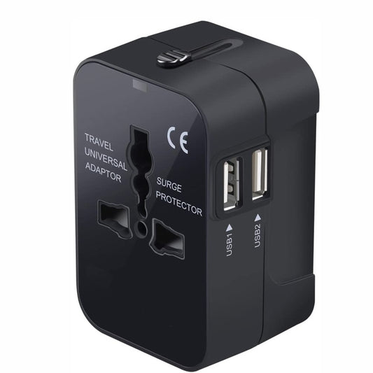 Black travel universal adapter with USB ports on a white background