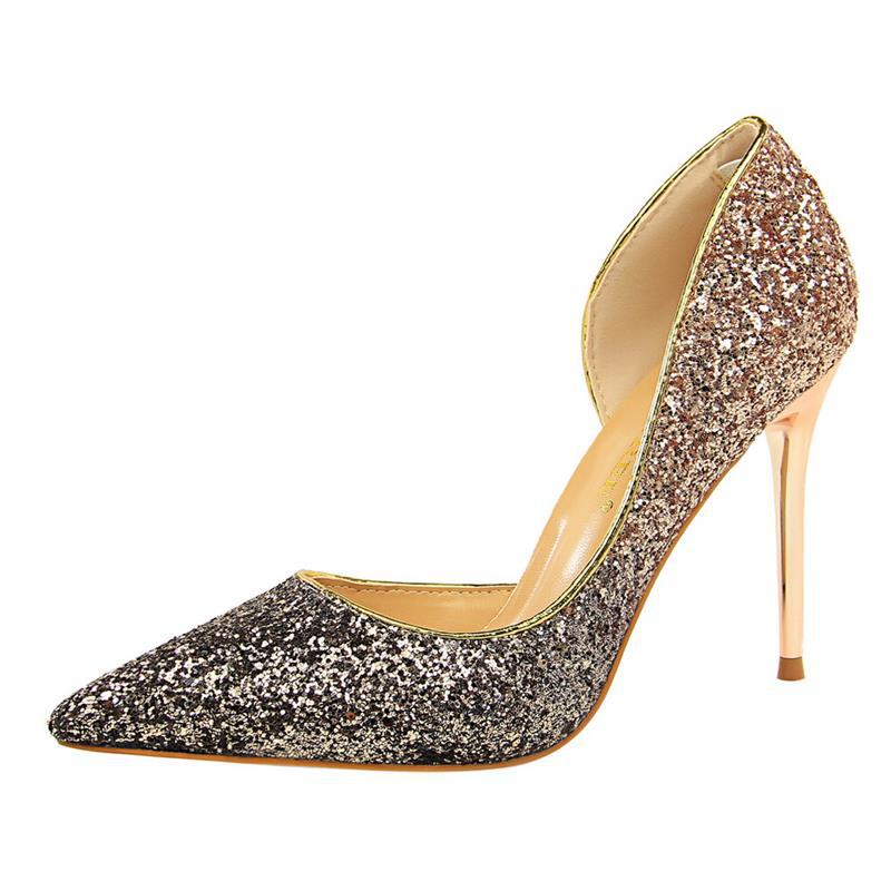 Kristal hoëhakskoene vir vroue se stiletto-hakgradiënt Blou sequined partytjieskoene
