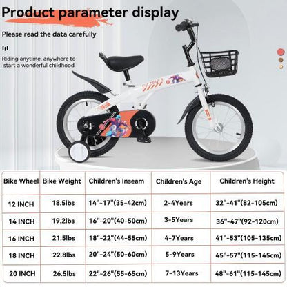 Children's bicycle with a basket on a white background, accompanied by a product parameter table.