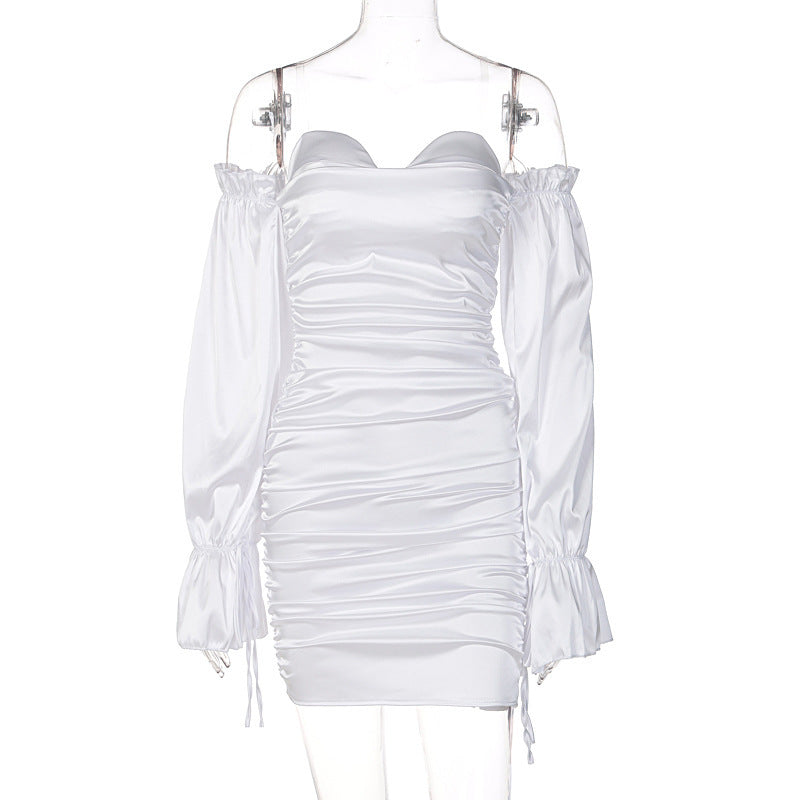 Solid Color  Off-the-shoulder Lantern Sleeve Tube Top Pleated Hip Dress