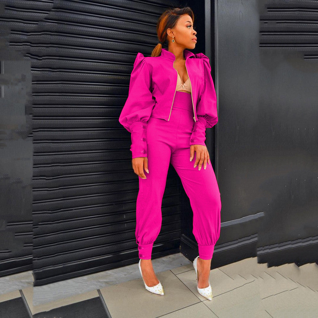 Solid Color Puff Sleeve Zip High Waist Pants Two Piece Set