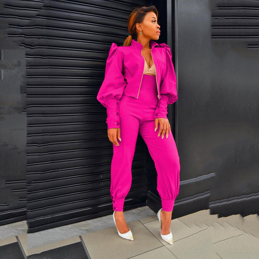 Solid Color Puff Sleeve Zip High Waist Pants Two Piece Set