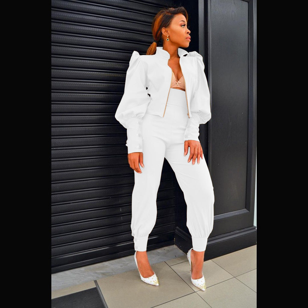 Solid Color Puff Sleeve Zip High Waist Pants Two Piece Set