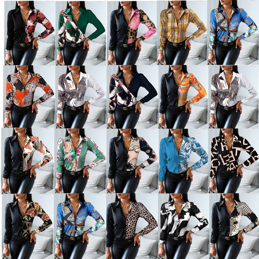 Long Sleeve V Neck Colorblock Vintage Shirt Shirt Top