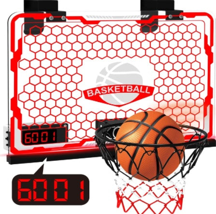 Basketball hoop with a ball and digital timer on a white background