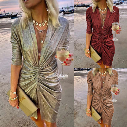 Stretch Long Sleeve V-neck Nightclub Dress Women's Clothing