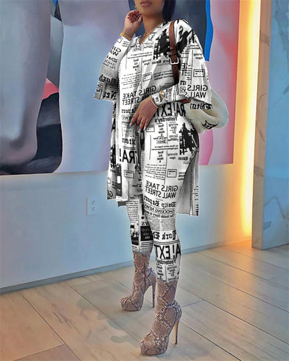 Women's Newspaper Print Long-sleeved Trousers Two-piece Suit