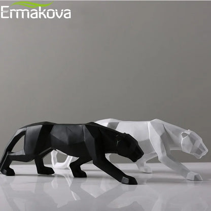 Two resin sculptures of panthers, one in black and one in white, with a geometric style.