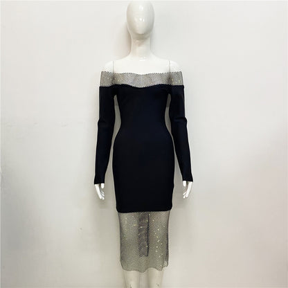 Sexy Women Clothing New Off-shoulder Long Sleeve Mesh Diamond-embedded Party Bandage One-piece Dress