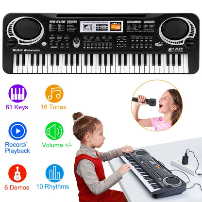 Children's keyboard with musical features and a child playing it.