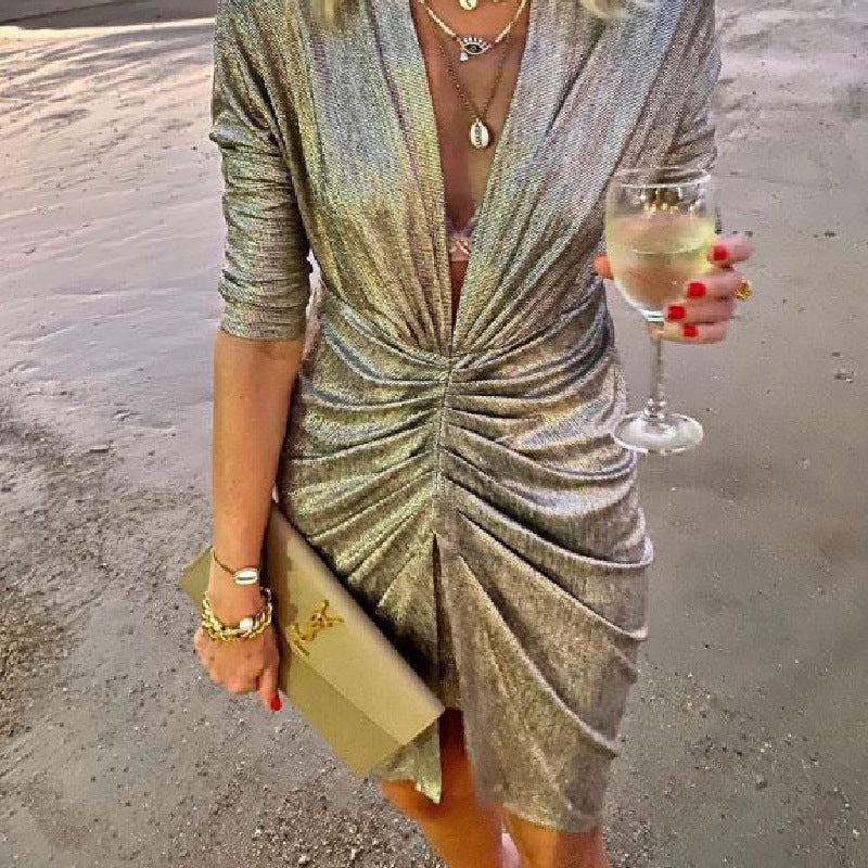 Stretch Long Sleeve V-neck Nightclub Dress Women's Clothing