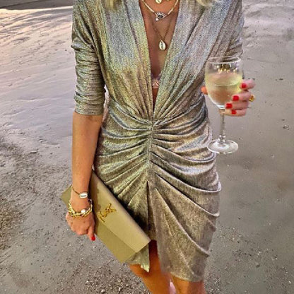Stretch Long Sleeve V-neck Nightclub Dress Women's Clothing